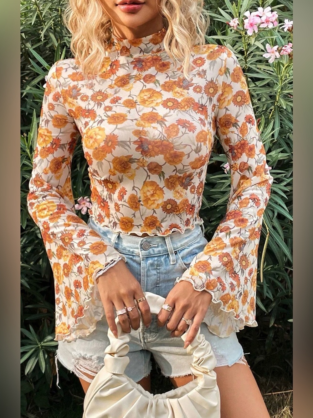 NEW Medium Orange Sheer Mesh Retro Floral Bell Sleeve Mock Neck Blouse - Picture 3 of 9